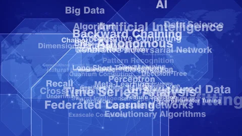 Artificial intelligence letterings and world map exploring ai algorithm Stock Footage 270185991