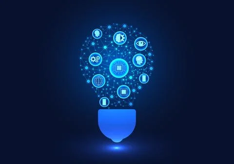 Artificial intelligence in the light bulb refers to the use of smart techno.. Illustrazione stock