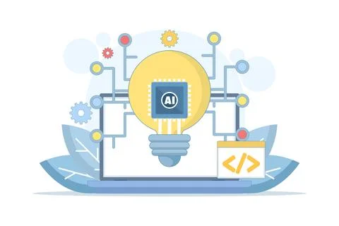 Artificial intelligence lightbulb concept, microchip and coding elements. Stock Illustration