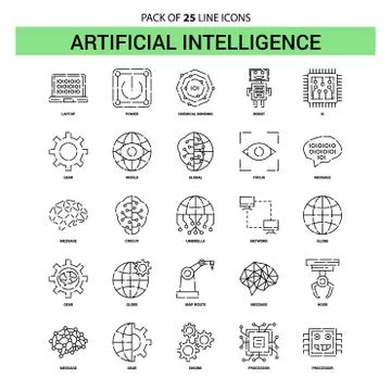 Artificial Intelligence Line Icon Set - 25 Dashed Outline Style 스톡 일러스트