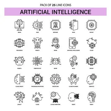 Artificial Intelligence Line Icon Set - 25 Dashed Outline Style Stock Illustration