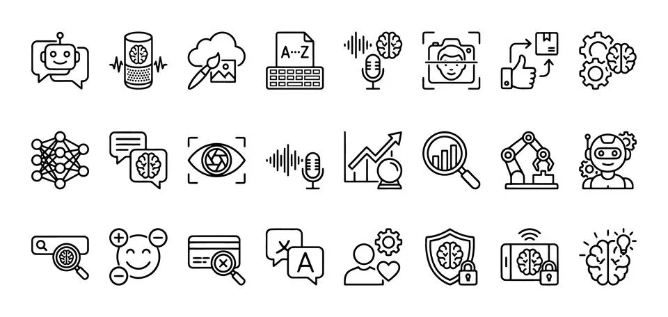 Artificial Intelligence Line Icon Set Machine Learning Data Neural Network .. Stock Illustration
