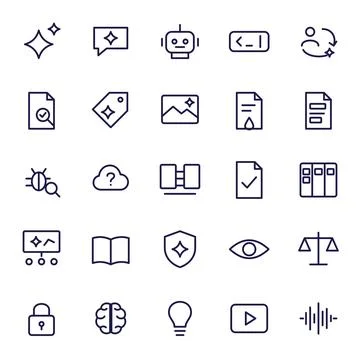 Artificial intelligence line icon set with sparkles, robot, chatbot, shield, Illustrazione stock