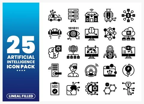 Artificial Intelligence line icons on a blue and white background Illustrazione stock