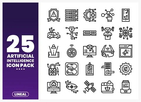 Artificial Intelligence line icons pack with tech elements Stock Illustration