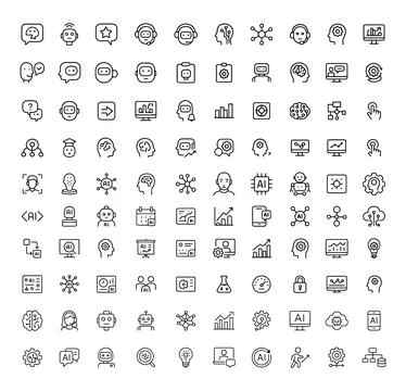 Artificial Intelligence Line Icons Set Modern Symbol Pictogram AI Technology Stock Illustration