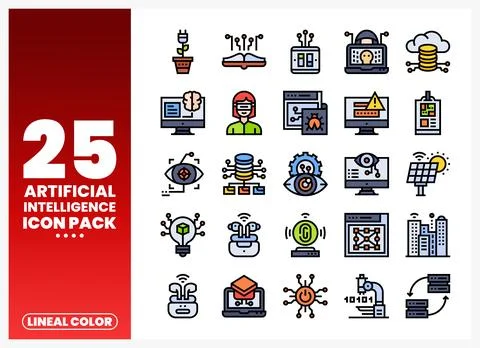 Artificial Intelligence Lineal Color Icons for Tech Projects Stock Illustration