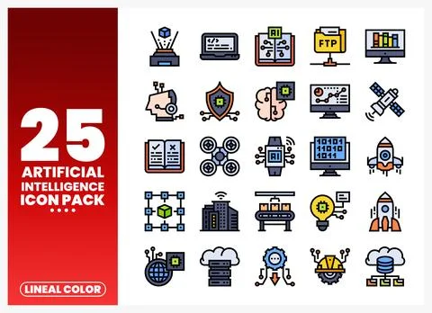 Artificial Intelligence Lineal Color Icons for Tech Projects Stock Illustration