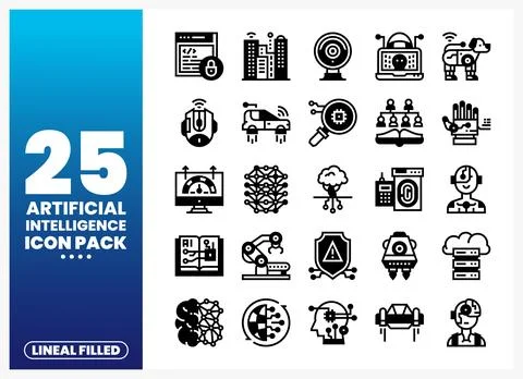 Artificial Intelligence Lineal Filled Icons in Black on White Background Stock Illustration