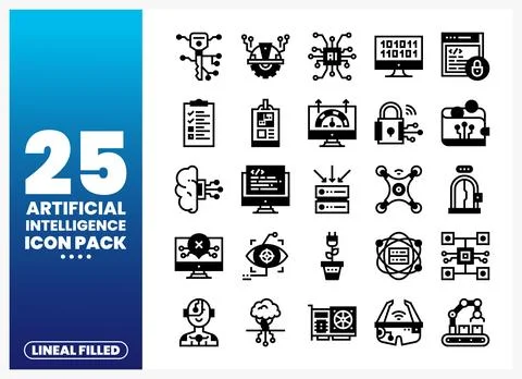 Artificial Intelligence Lineal Filled Icons Pack with Technology Concepts Stock Illustration