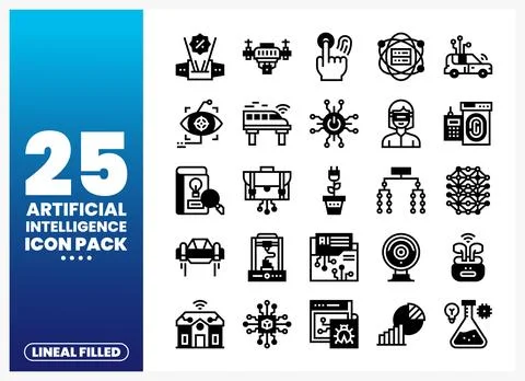 Artificial Intelligence Lineal Filled Icons on White Background Stock Illustration