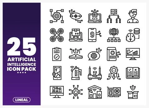 Artificial Intelligence Lineal Icon Pack on Purple Gradient Background Stock Illustration