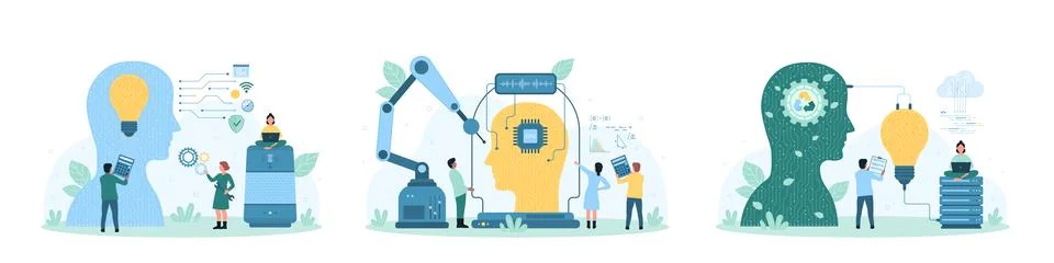 Artificial intelligence, machine learning and invention set, tiny people create Stock Illustration