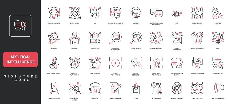 Artificial intelligence, machine learning and robotics, generation of ideas line Stock Illustration