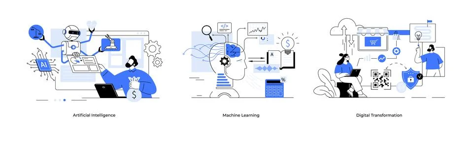 Artificial intelligence machine learning digital transformation concept set Illustrazione stock