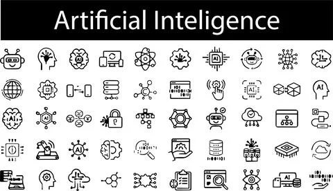 Artificial Intelligence &amp; Machine Learning Icons. Monoline Series. thin lin.. Illustrazione stock