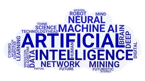 Artificial intelligence machine learning word cloud blue text 4K seamless loop Stock Footage 159577779