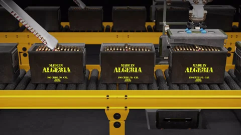 Artificial Intelligence Machines Filling The Ammo Box - Made in Algeria  Stock Footage 314793562