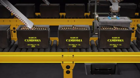 Artificial Intelligence Machines Filling The Ammo Box - Made in Cambodia  Stock Footage 314795264