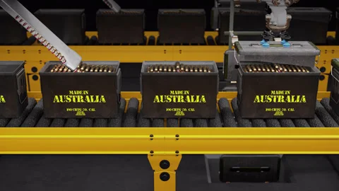 Artificial Intelligence Machines Filling The Ammo Box - Made in Australia  Stock Footage 314796795