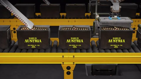 Artificial Intelligence Machines Filling The Ammo Box - Made in Austria  Stock Footage 314796961