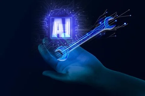 Artificial intelligence in maintenance. AI abbreviation, digital wrench and.. Stock Photos