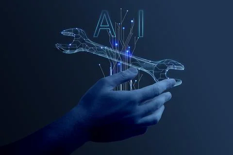 Artificial intelligence in maintenance. AI abbreviation, digital wrench and.. Stock Photos