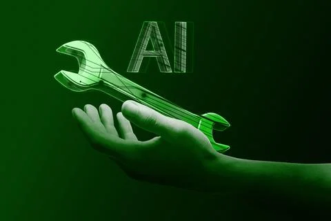 Artificial intelligence in maintenance. AI abbreviation, digital wrench and.. Stock Photos