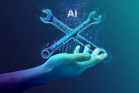 Artificial intelligence in maintenance. AI abbreviation, digital wrenches a.. Stock Photos