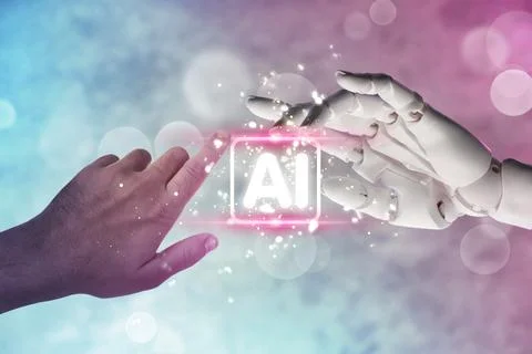Artificial intelligence. Man and robot holding virtual AI abbreviation with.. Stock Photos