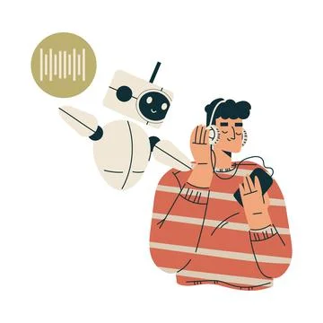 Artificial Intelligence with Man Character Listen to Music in Headphones with Illustrazione stock