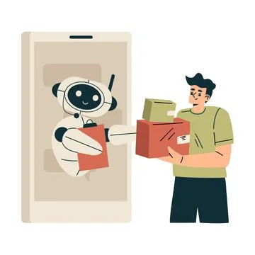 Artificial Intelligence with Man Character Receive Parcel from Bot Vector イラスト素材