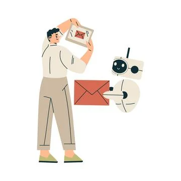 Artificial Intelligence with Man Character Receive Letter with Bot Vector Illustrazione stock