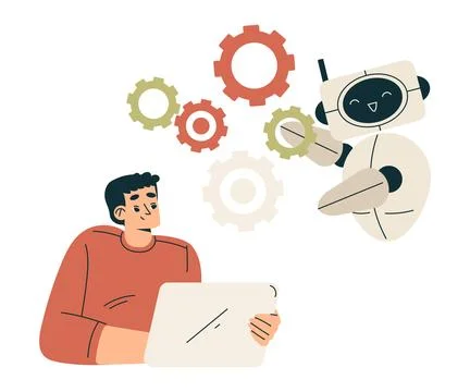Artificial Intelligence with Man Character at Tablet with Chatbot Vector Illustrazione stock