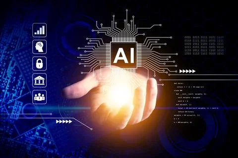 Artificial intelligence. Man holding virtual circuit board pattern with AI .. 스톡 사진