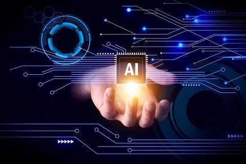 Artificial intelligence. Man holding virtual circuit board pattern with AI .. Stock Photos
