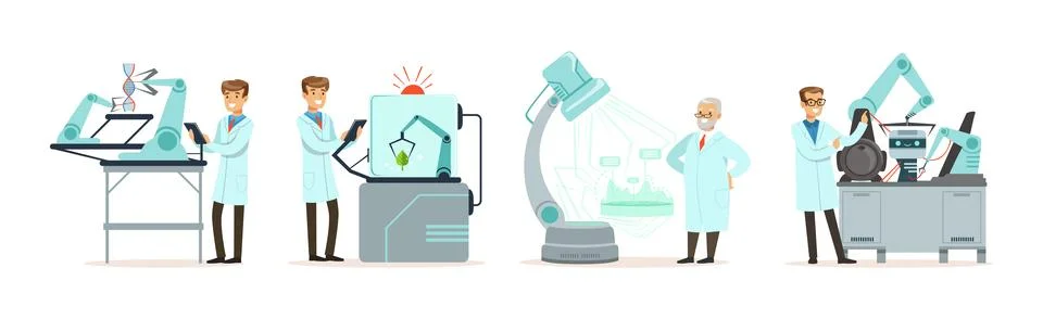 Artificial Intelligence with Man Scientists in Laboratory Working on Innovations Stock Illustration