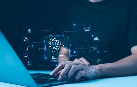 Artificial Intelligence. Man uses AI software technology for business Stock Photos