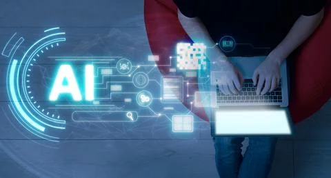 Artificial intelligence. Man using laptop at home, top view. Scheme with AI.. Stock Photos