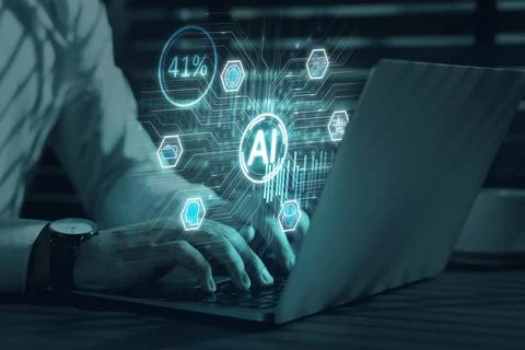 Artificial intelligence. Man using laptop at table, closeup. Scheme with AI.. Foto stock