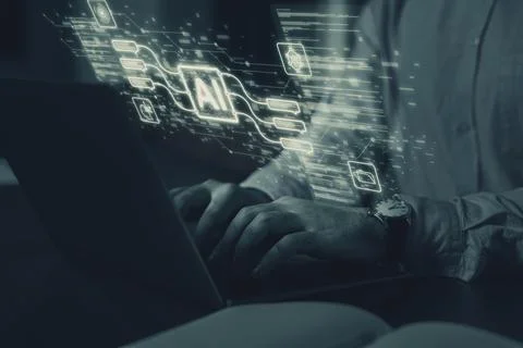 Artificial intelligence. Man using laptop at table, closeup. Scheme with AI.. Foto stock