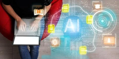 Artificial intelligence. Man using laptop at home, top view. Scheme with AI.. Stock Photos