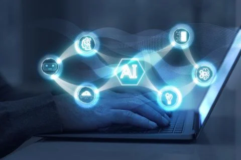 Artificial intelligence. Man using laptop at table, closeup. Scheme with AI.. Stock Photos