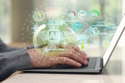 Artificial intelligence. Man using laptop at table, closeup. Scheme with AI.. Foto stock