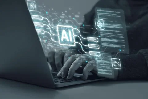 Artificial intelligence. Man using laptop at table, closeup. Scheme with AI.. Stock Photos