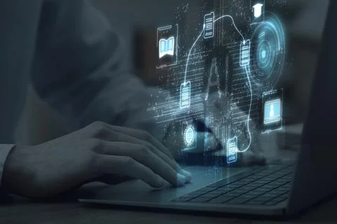 Artificial intelligence. Man using laptop at table, closeup. Scheme with AI.. Stock Photos