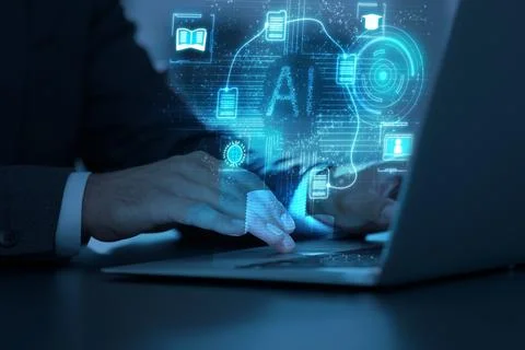 Artificial intelligence. Man using laptop at table, closeup. Scheme with AI.. 스톡 사진