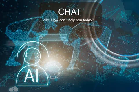 Artificial Intelligence. man using technology smart robot AI, Chatbot Chat with Illustrazione stock