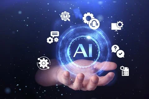 Artificial intelligence. Man using virtual screen against dark blue backgro.. Stockfoto's