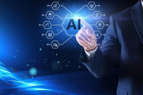 Artificial intelligence. Man using virtual screen with icons and AI abbrevi.. Stock Photos